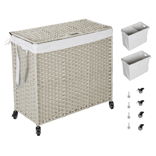Laundry Hamper With Lid PE Rattan Powder Coating Frame Clothes Hampers with 02 Removable Bags, Wheels, 160L, Grey Color Laundry Hamper With Lid PE Rattan Powder Coating Frame Clothes Hampers with 02 Removable Bags, Wheels, 160L, Grey Color