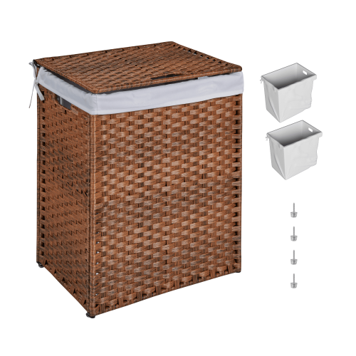 Laundry Hamper With Lid PE Rattan Powder Coating Frame Clothes Hampers with 02 Removable Bags, 100L, Brown Color Laundry Hamper With Lid PE Rattan Powder Coating Frame Clothes Hampers with 02 Removable Bags, 100L, Brown Color