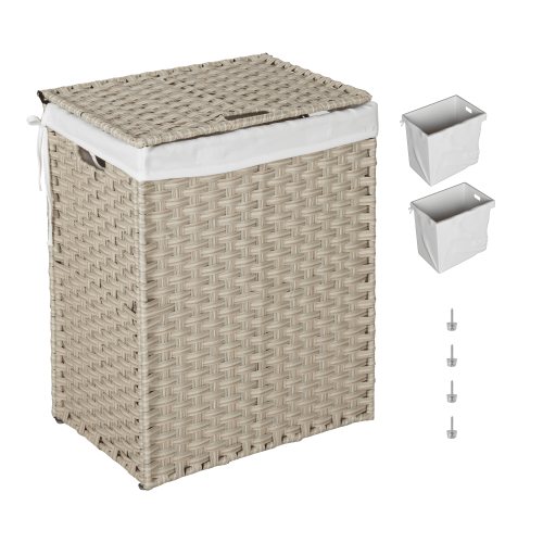 Laundry Hamper With Lid PE Rattan Powder Coating Frame Clothes Hampers with 02 Removable Bags, 100L, Grey Color Laundry Hamper With Lid PE Rattan Powder Coating Frame Clothes Hampers with 02 Removable Bags, 100L, Grey Color