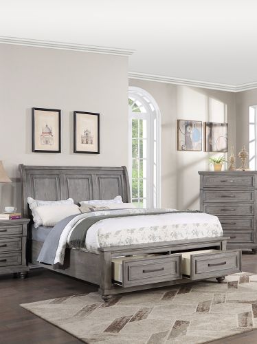 Queen Size Bed w Underbed Drawer Vintage Look Gray Color Beautiful Panel 1pc Bedframe Bedroom