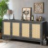 Handcrafted Premium Grain Panels,Rattan Sideboard Buffer Cabinet With 4 Rattan Doors