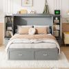 Queen Size Murphy Bed Wall Bed with Drawer and Rattan Decoration with 2 Storage Cabinets, One set of Sockets & USB Ports, Pulley Structure Design