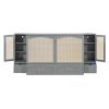 Queen Size Murphy Bed Wall Bed with Drawer and Rattan Decoration with 2 Storage Cabinets, One set of Sockets & USB Ports, Pulley Structure Design