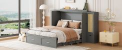 Queen Size Murphy Bed Wall Bed with Drawer and Rattan Decoration with 2 Storage Cabinets, One set of Sockets & USB Ports, Pulley Structure Design