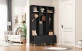 ON-TREND Modern Large Storage Hall Tree with Bench, Multi-functional Storage Bench with High Gloss Fluted Doors