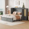 Queen Size Murphy Bed Wall Bed with Drawer and Rattan Decoration with 2 Storage Cabinets, One set of Sockets & USB Ports, Pulley Structure Design