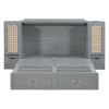 Queen Size Murphy Bed Wall Bed with Drawer and Rattan Decoration with 2 Storage Cabinets, One set of Sockets & USB Ports, Pulley Structure Design