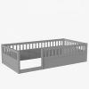 Twin Floor Bed Frame with Fence, Wood Kids Floor Beds Frame for Bedroom Playroom,Gray(Expect arrive date Jun. 21st)