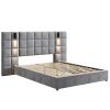 Upholstered Queen bed,with reading lamp and USB port, wide headboard,without bedside tables and mattress, velvet, grey