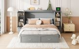 Queen Size Murphy Bed Wall Bed with Drawer and Rattan Decoration with 2 Storage Cabinets, One set of Sockets & USB Ports, Pulley Structure Design