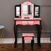 Kids Gisele Leopard Print Wooden Vanity Set with Tri-Fold Mirror Table and Chair, Pink/Black,