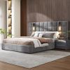 Upholstered Queen bed,with reading lamp and USB port, wide headboard,without bedside tables and mattress, velvet, grey
