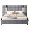 Upholstered Queen bed,with reading lamp and USB port, wide headboard,without bedside tables and mattress, velvet, grey