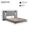 Upholstered Queen bed,with reading lamp and USB port, wide headboard,without bedside tables and mattress, velvet, grey