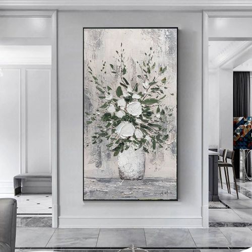 Handmade Oil Painting Abstract White Floral Vase Palette Knife Textured Oil Painting Modern Art On Canvas Grey Wall Art Foe Home Decor